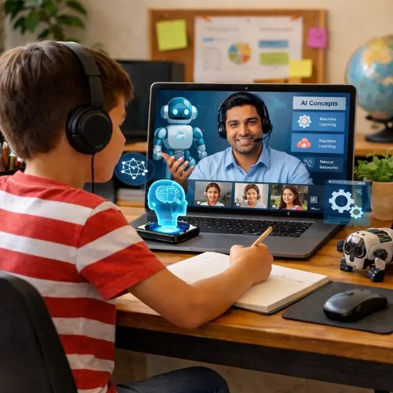 kids Student attending live online AI coaching class with mentor through interactive video section